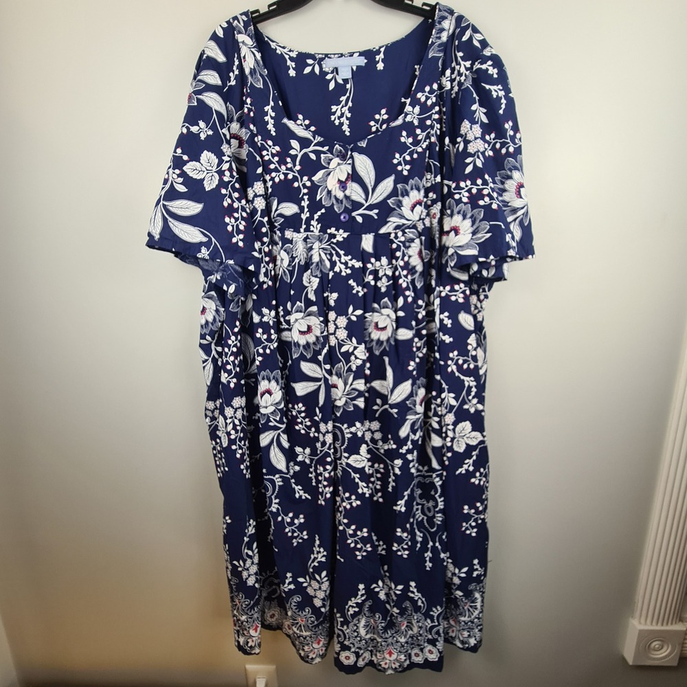 Only Necessities Navy Blue Floral Cotton Muumuu Midi House Dress Pockets Plus 3X